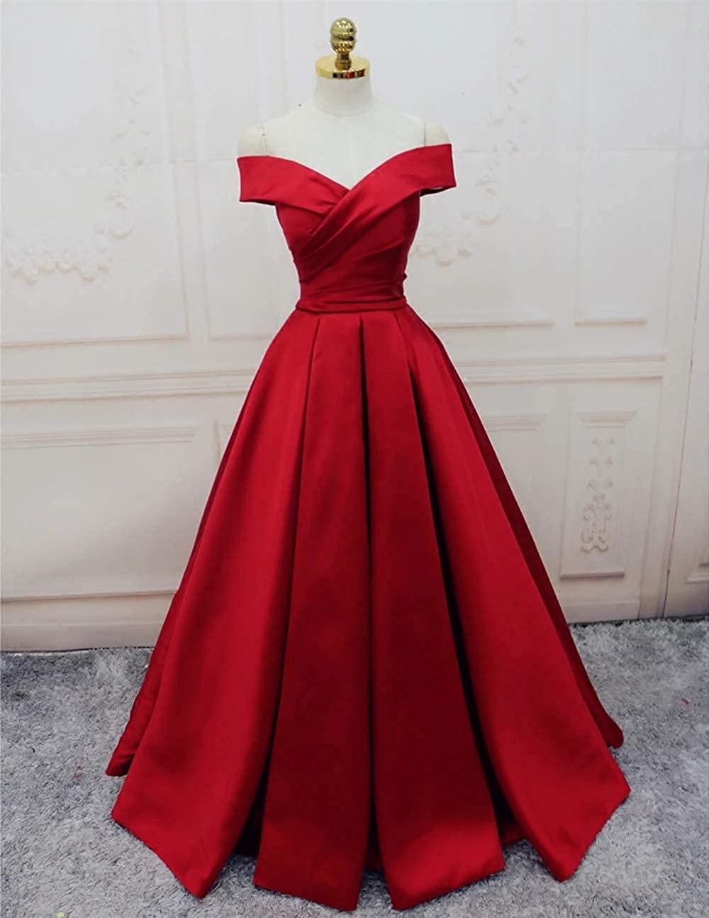 Red Women's Off The Shoulder Prom Dresses Aline Satin Pleated Long Formal Dress